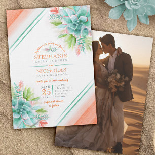 Succulent watercolor green orange wedding photo invitation