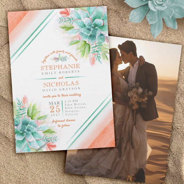 Succulent watercolor green orange wedding photo invitation (Creator Uploaded)