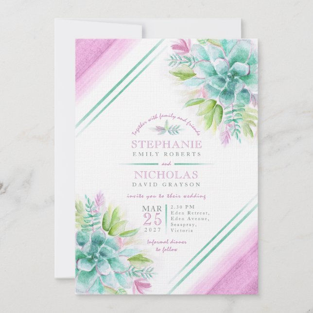 Succulent watercolor green purple photo wedding  invitation (Front)