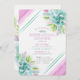 Succulent watercolor green purple rehearsal dinner invitation