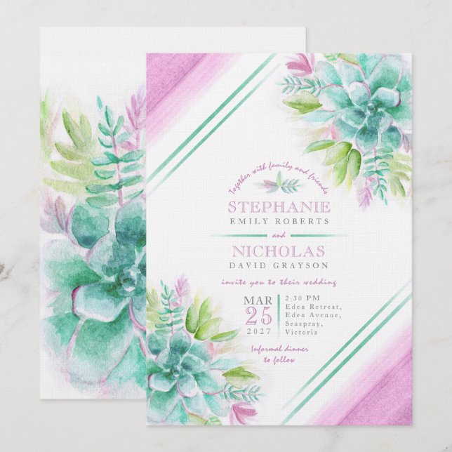 Succulent watercolor green purple wedding invites (Front/Back)