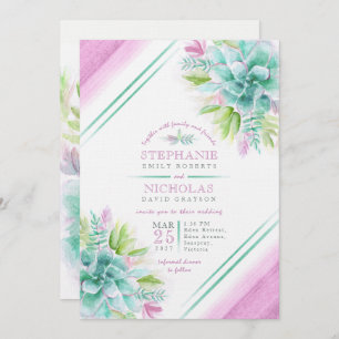 Succulent watercolor green purple wedding invites