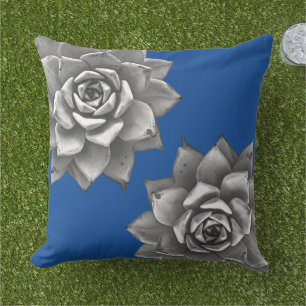 Succulent Watercolor Grey on Blue Cushion