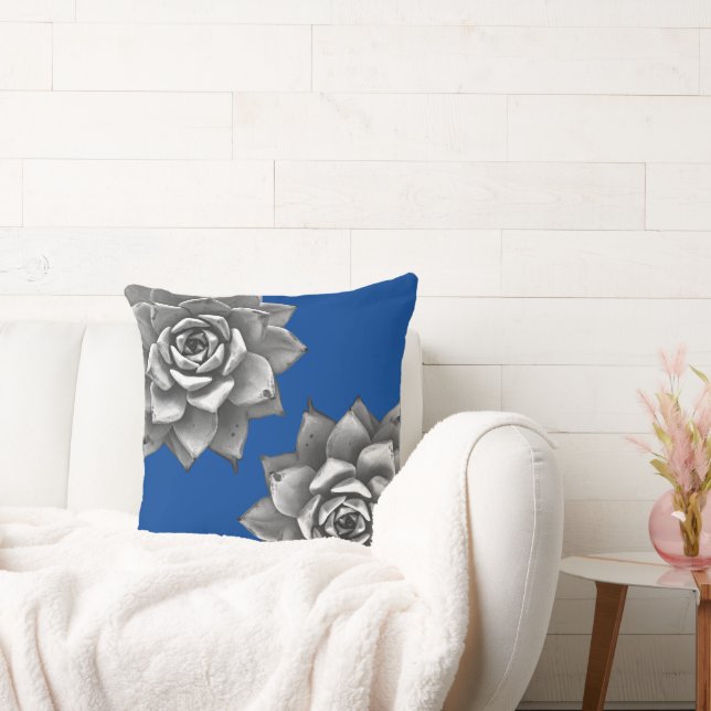 Succulent Watercolor Grey on Blue Cushion (Couch)