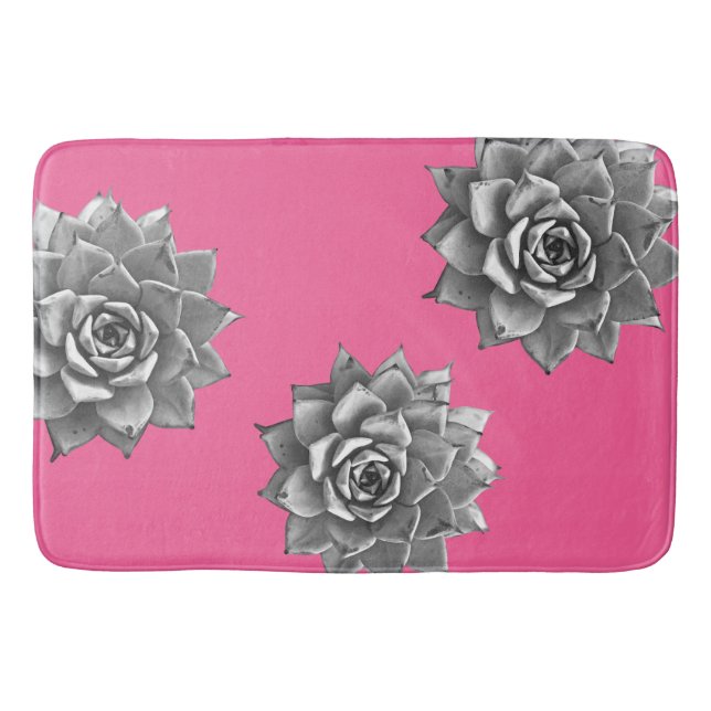 Succulent Watercolor Grey on Hot Pink Bath Mat (Front)