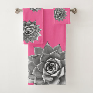 Succulent Watercolor Grey on Hot Pink Bath Towel Set