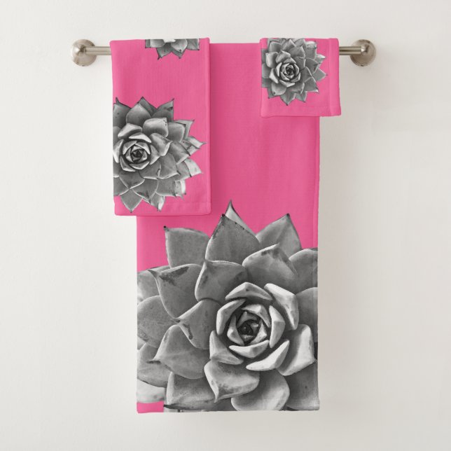 Succulent Watercolor Grey on Hot Pink Bath Towel Set (Insitu)