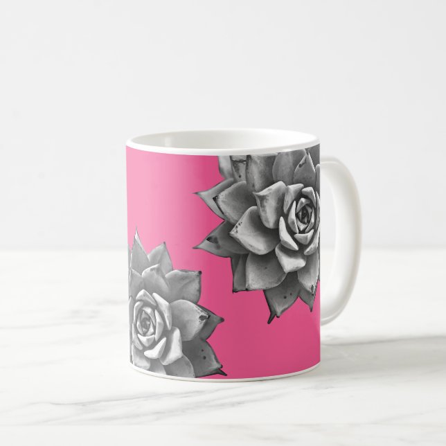 Succulent Watercolor Grey on Hot Pink Coffee Mug (Front Right)