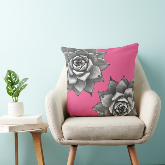 Succulent Watercolor Grey on Hot Pink Cushion (Chair)