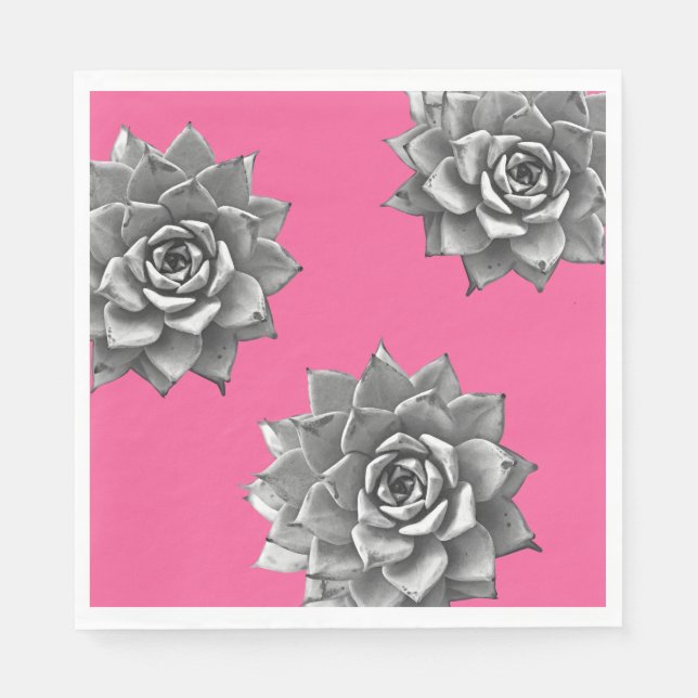 Succulent Watercolor Grey on Hot Pink Napkin (Front)