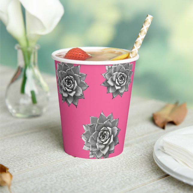 Succulent Watercolor Grey on Hot Pink Paper Cups (Insitu)