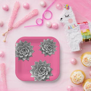 Succulent Watercolor Grey on Hot Pink Paper Plate