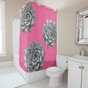 Succulent Watercolor Grey on Hot Pink Shower Curtain