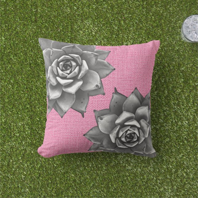 Succulent Watercolor Grey on Pink Cushion (Grass)