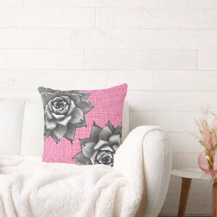 Succulent Watercolor Grey on Pink Cushion