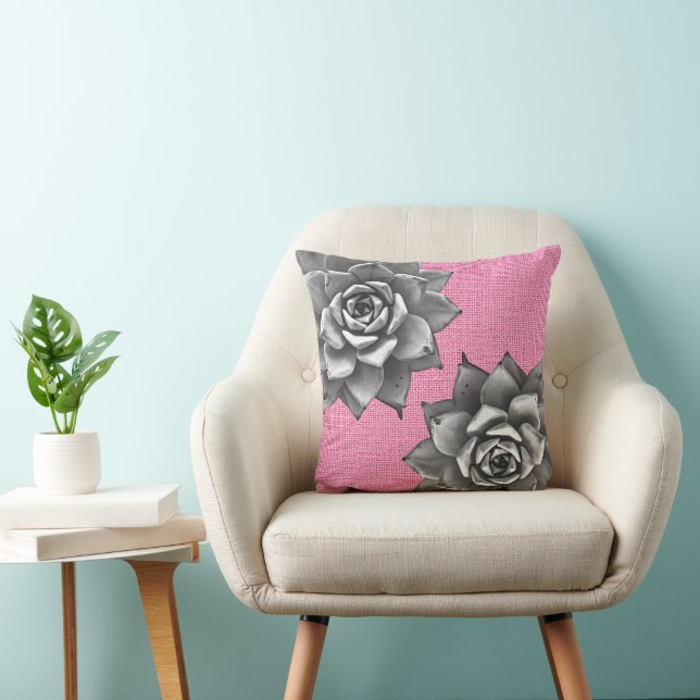 Succulent Watercolor Grey on Pink Cushion (Chair)