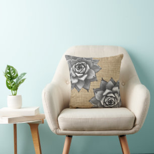 Succulent Watercolor Grey on Tan Burlap Cushion