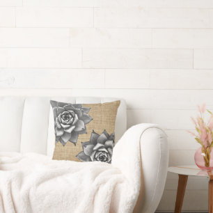 Succulent Watercolor Grey on Tan Burlap Cushion