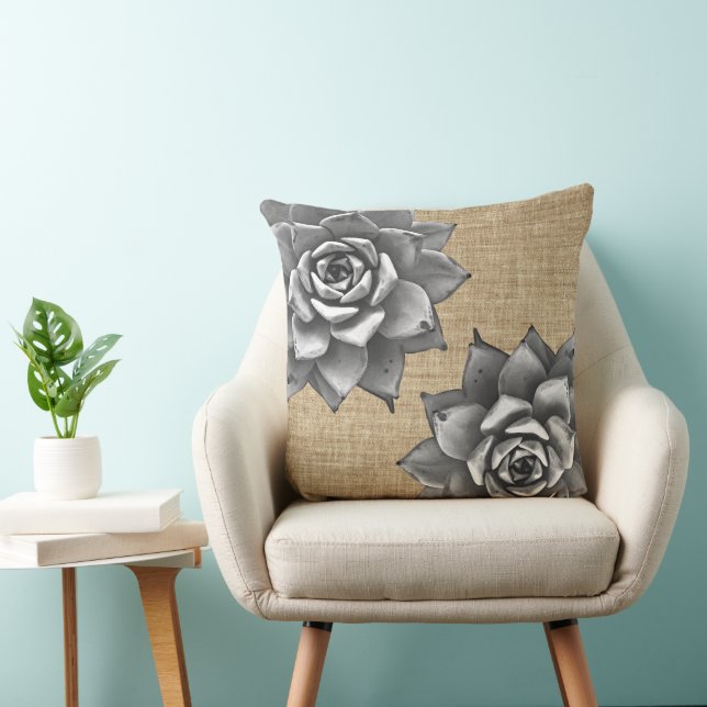 Succulent Watercolor Grey on Tan Burlap Cushion (Chair)