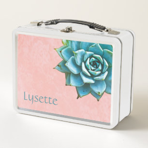 Succulent Watercolor on Blush Pink Lace Metal Lunch Box