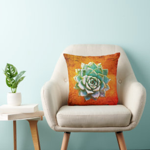 Succulent Watercolor on Orange Rust Cushion