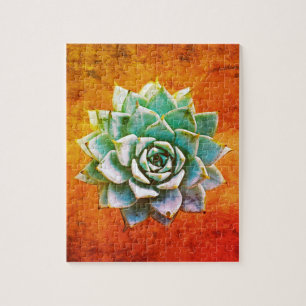 Succulent Watercolor on Orange Rust Jigsaw Puzzle
