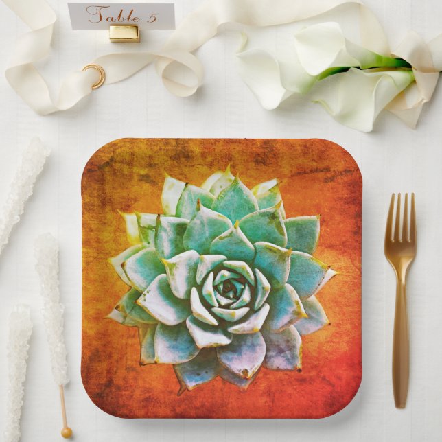 Succulent Watercolor on Orange Rust Paper Plate (Wedding)