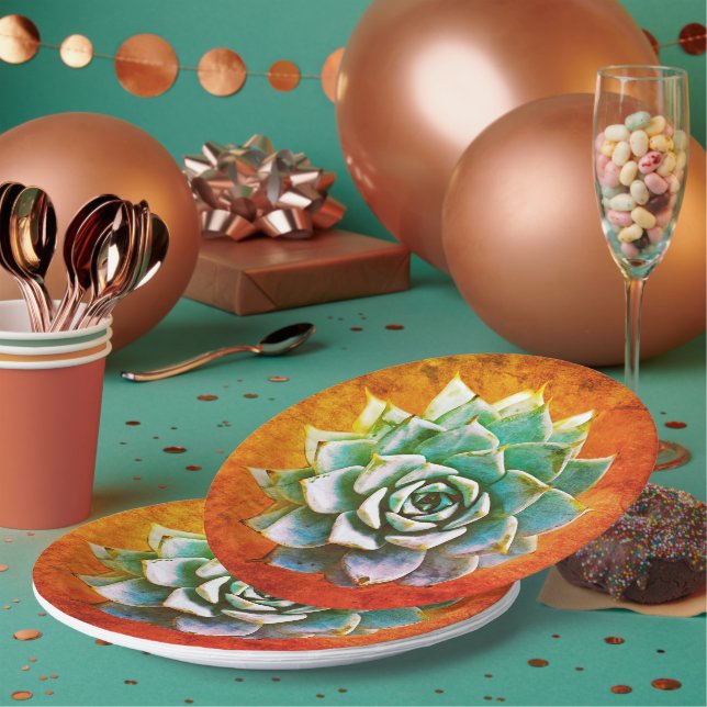 Succulent Watercolor on Orange Rust Paper Plate (Multi)