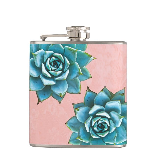 Succulent Watercolor on Pink Lace Hip Flask (Front)