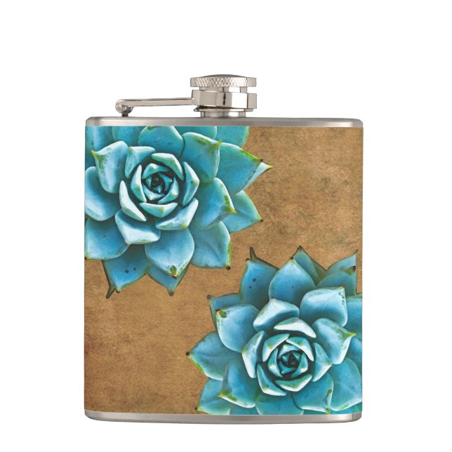 Succulent Watercolor on Rustic Brown Hip Flask (Front)