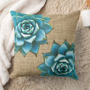 Succulent Watercolor on Tan Burlap Cushion