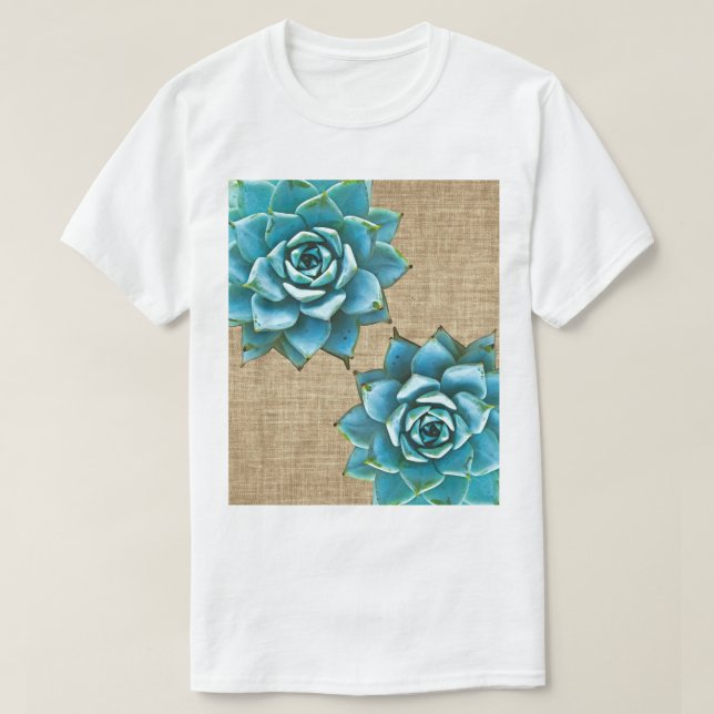 Succulent Watercolor on Tan Burlap T-Shirt (Design Front)