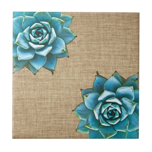 Succulent Watercolor on Tan Burlap Tile (Front)