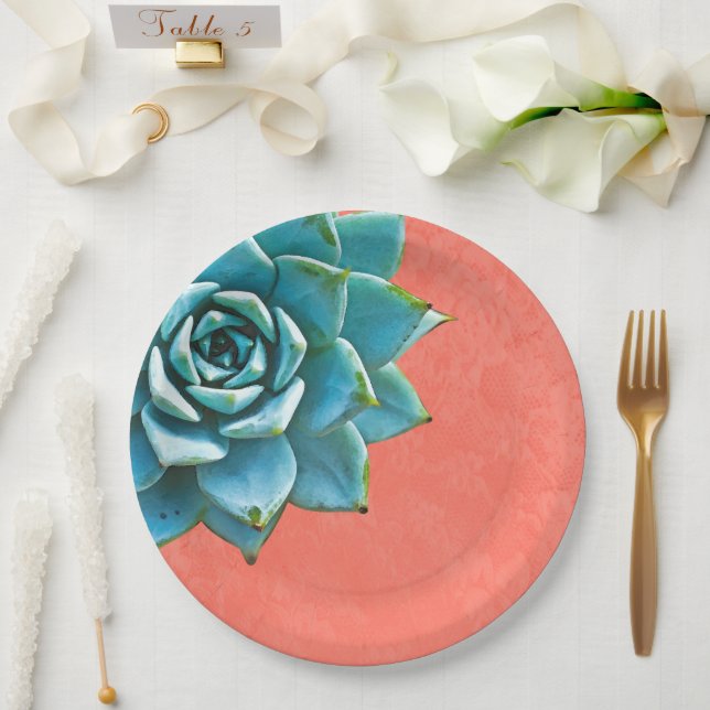 Succulent Watercolor Orange Lace Paper Plate (Wedding)