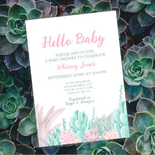 Succulent Watercolor Pink & Mint Girl Baby Shower Invitation