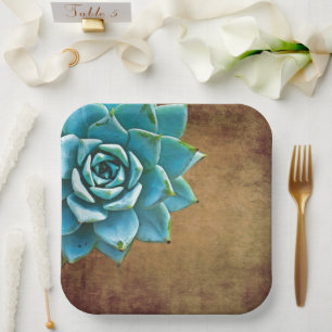 Succulent Watercolor Rustic Brown Paper Plate