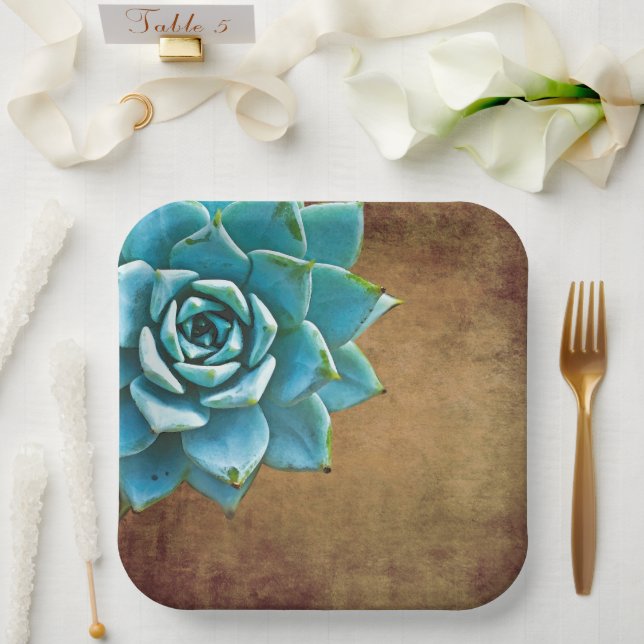 Succulent Watercolor Rustic Brown Paper Plate (Wedding)