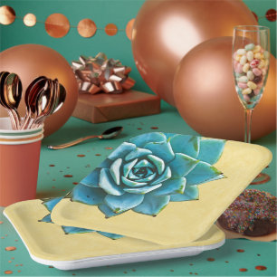 Succulent Watercolor Yellow Lace Paper Plate