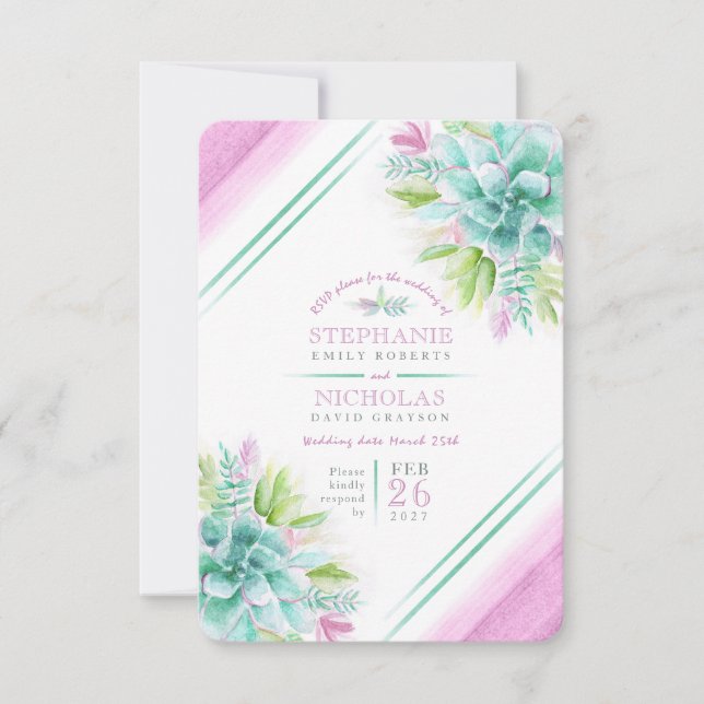 Succulent wedding greenery pink RSVP (Front)