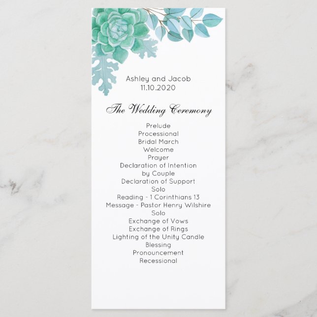 Succulent wedding program. Mint cactus ceremony Programme (Front)