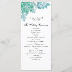 Succulent wedding program. Mint cactus ceremony Programme