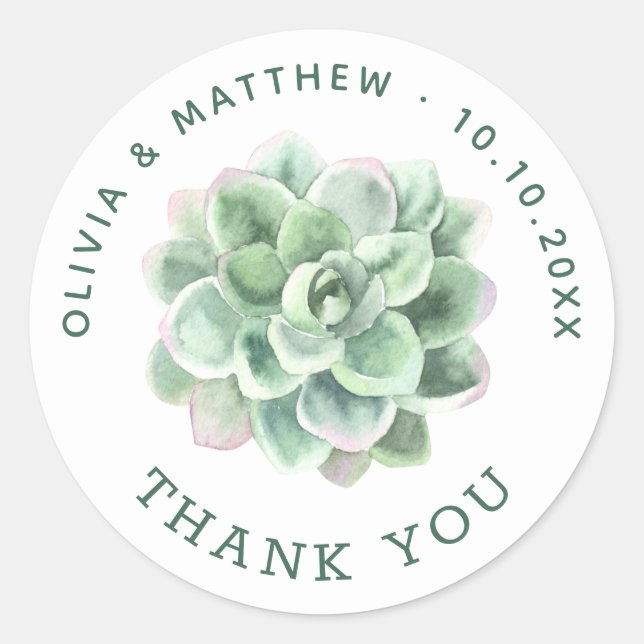 Succulent Wedding Thank You | Watercolor Botanical Classic Round Sticker (Front)