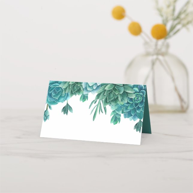 Succulent wedding. Watercolor blue cactus. Cacti Place Card (Front)