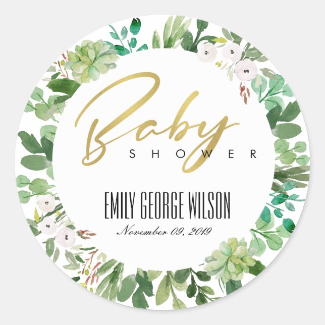 SUCCULENT WREATH FOLIAGE WATERCOLOR BABY SHOWER CLASSIC ROUND STICKER (Front)