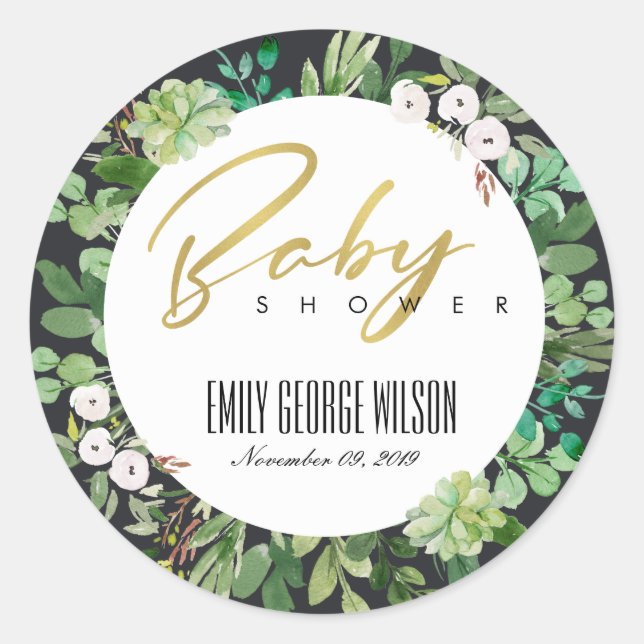 SUCCULENT WREATH FOLIAGE WATERCOLOR BABY SHOWER CLASSIC ROUND STICKER (Front)