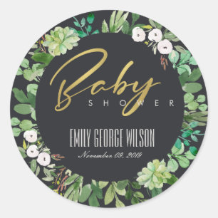 SUCCULENT WREATH FOLIAGE WATERCOLOR BABY SHOWER CLASSIC ROUND STICKER