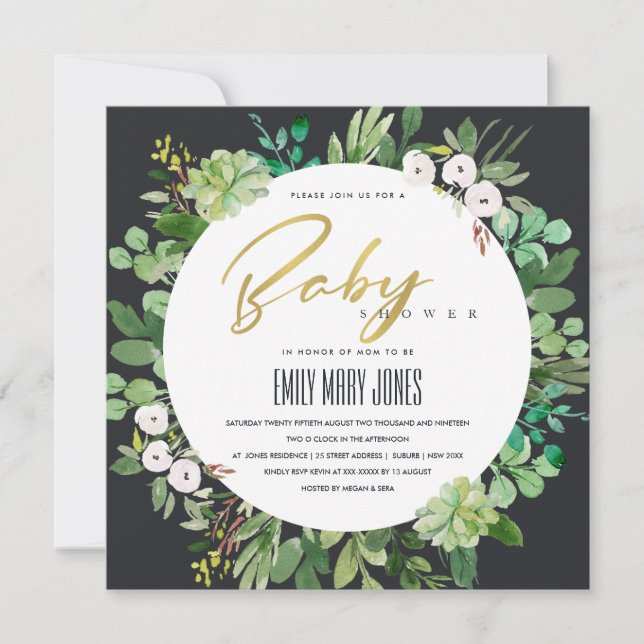 SUCCULENT WREATH FOLIAGE WATERCOLOR BABY SHOWER INVITATION (Front)