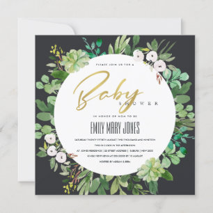SUCCULENT WREATH FOLIAGE WATERCOLOR BABY SHOWER INVITATION