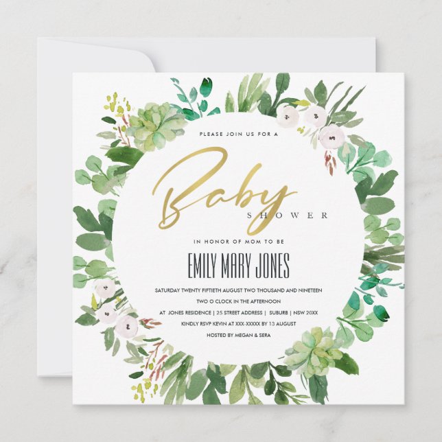 SUCCULENT WREATH FOLIAGE WATERCOLOR BABY SHOWER INVITATION (Front)