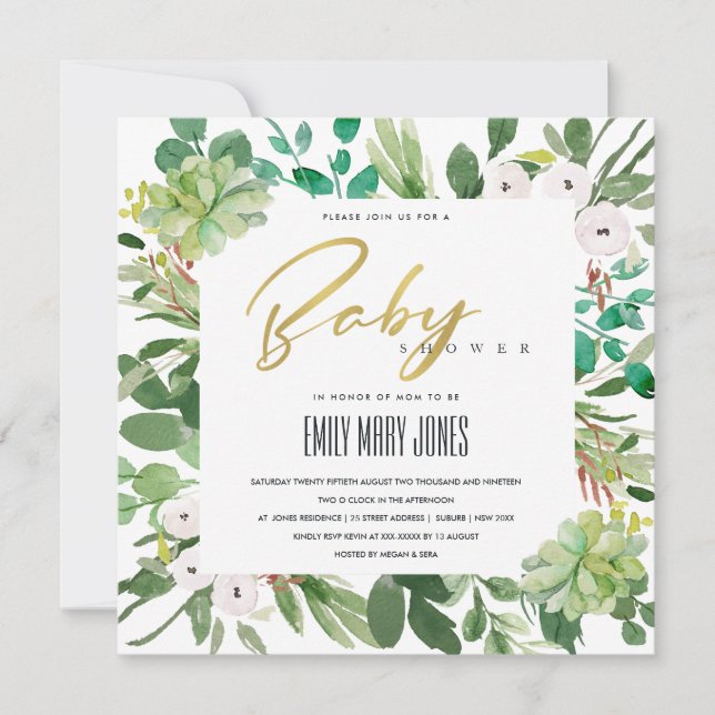 SUCCULENT WREATH FOLIAGE WATERCOLOR BABY SHOWER INVITATION (Front)